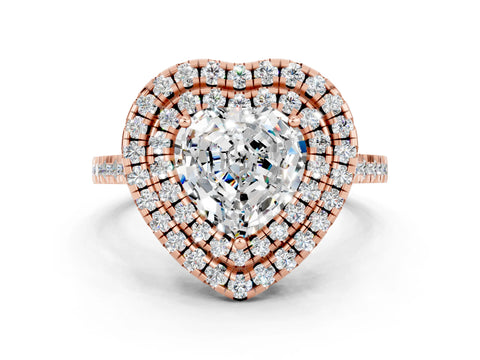 Rose gold Double Halo Heart Cut Moissanite Pavé Band with Four-Prong Setting