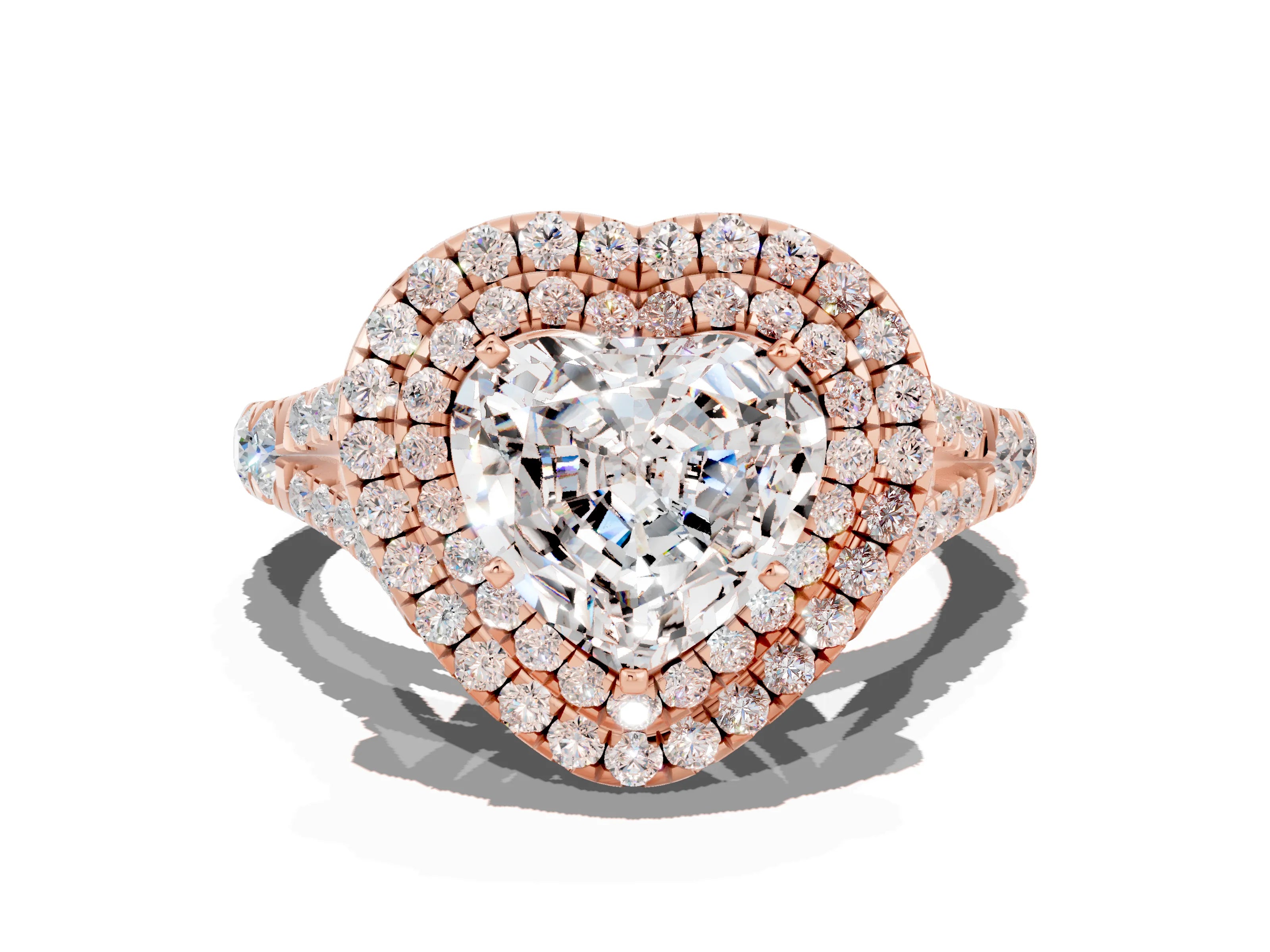 Rose gold Double Halo Heart Cut Moissanite Pavé Split Shank Ring with Prong Setting