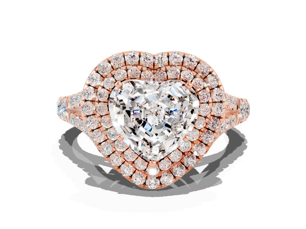 Rose gold Double Halo Heart Cut Moissanite Pavé Split Shank Ring with Prong Setting
