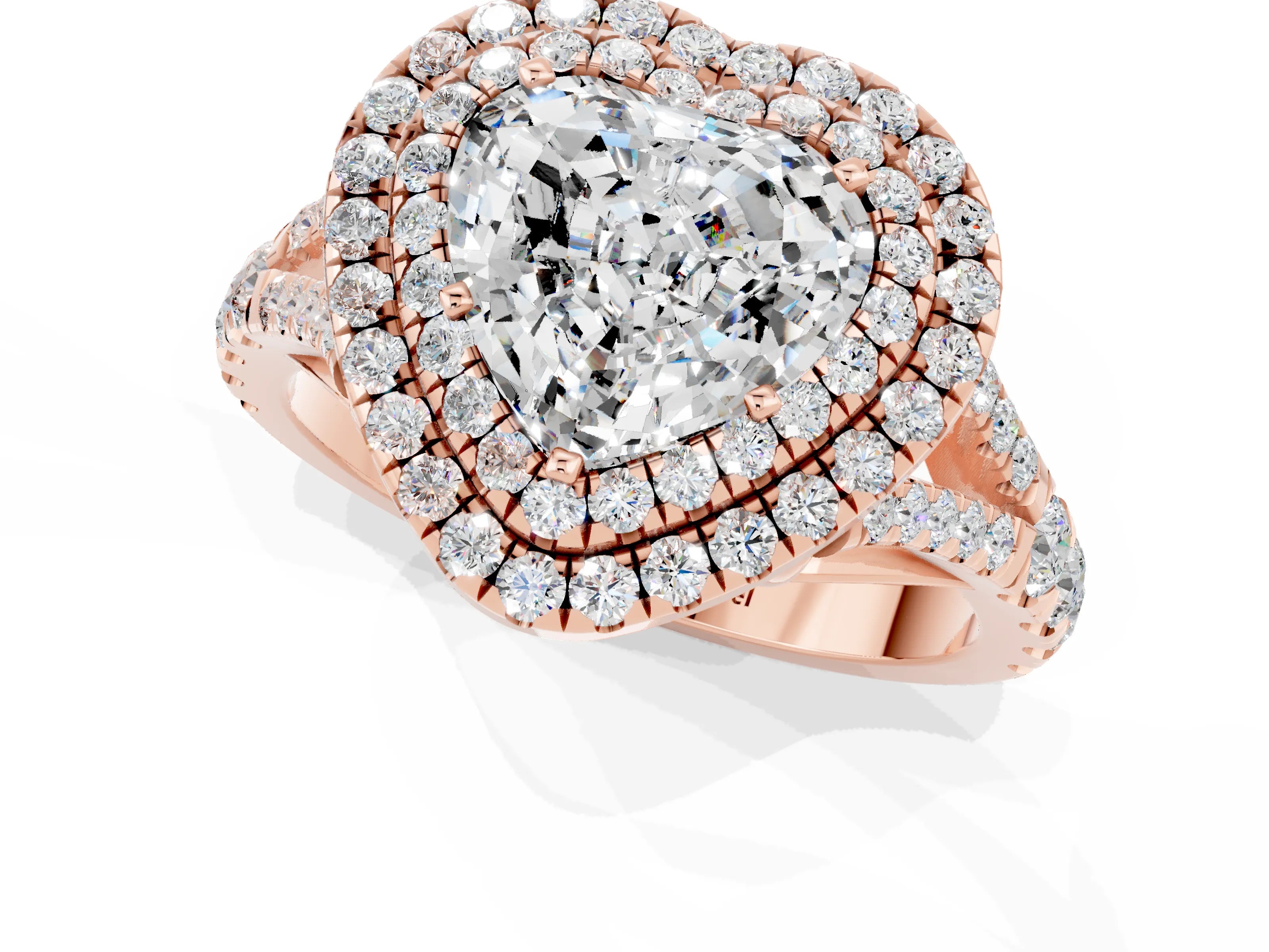 Rose gold Double Halo Heart Cut Moissanite Pavé Split Shank Ring with Prong Setting_1