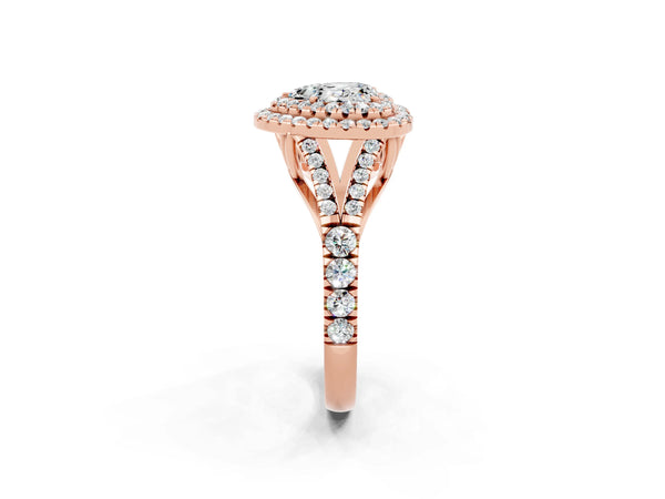 Rose gold Double Halo Heart Cut Moissanite Pavé Split Shank Ring with Prong Setting