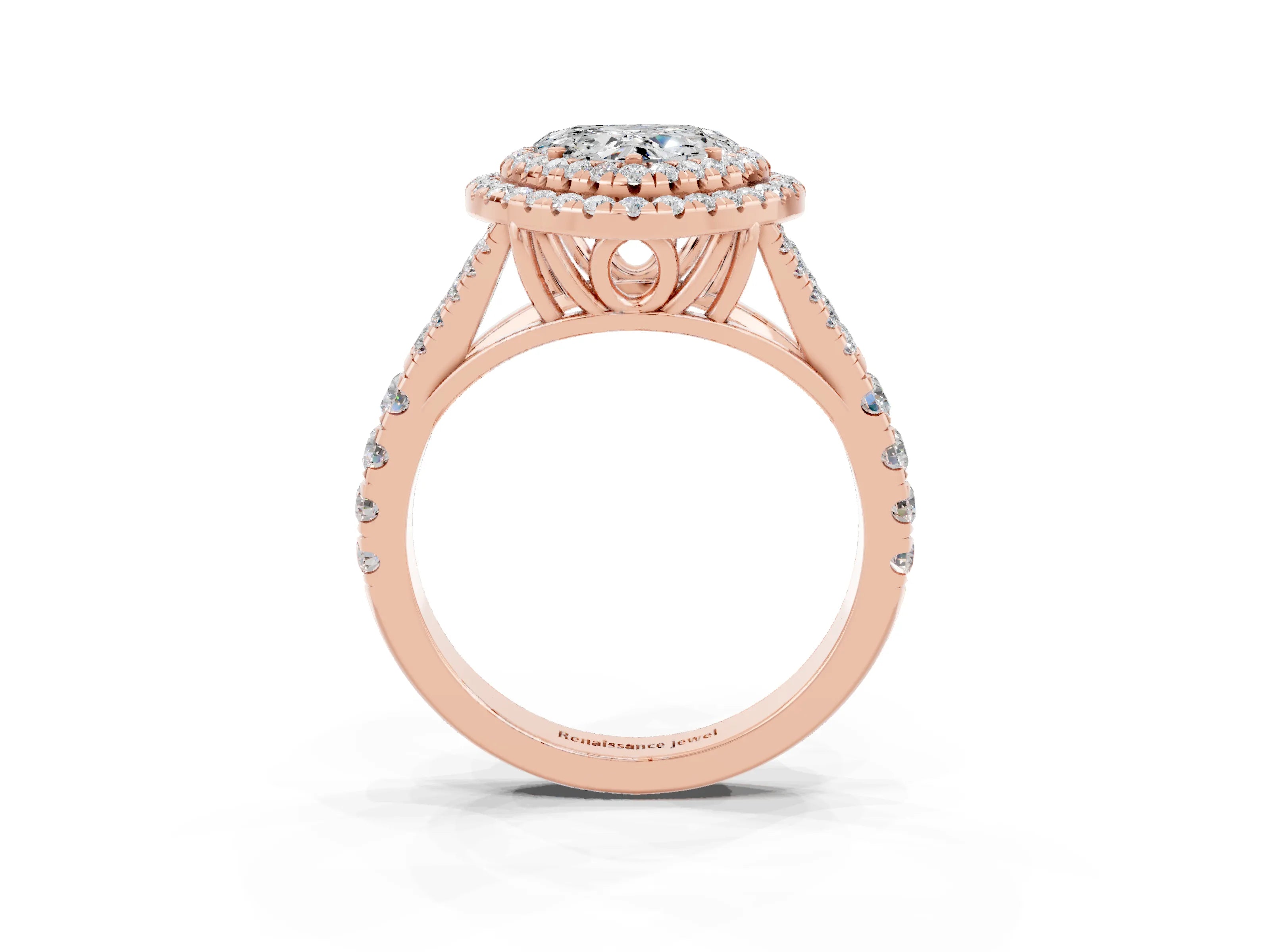 Rose gold Double Halo Heart Cut Moissanite Pavé Split Shank Ring with Prong Setting_3