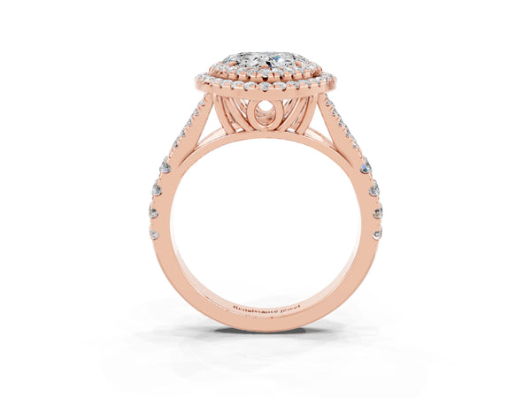 Rose gold Double Halo Heart Cut Moissanite Pavé Split Shank Ring with Prong Setting