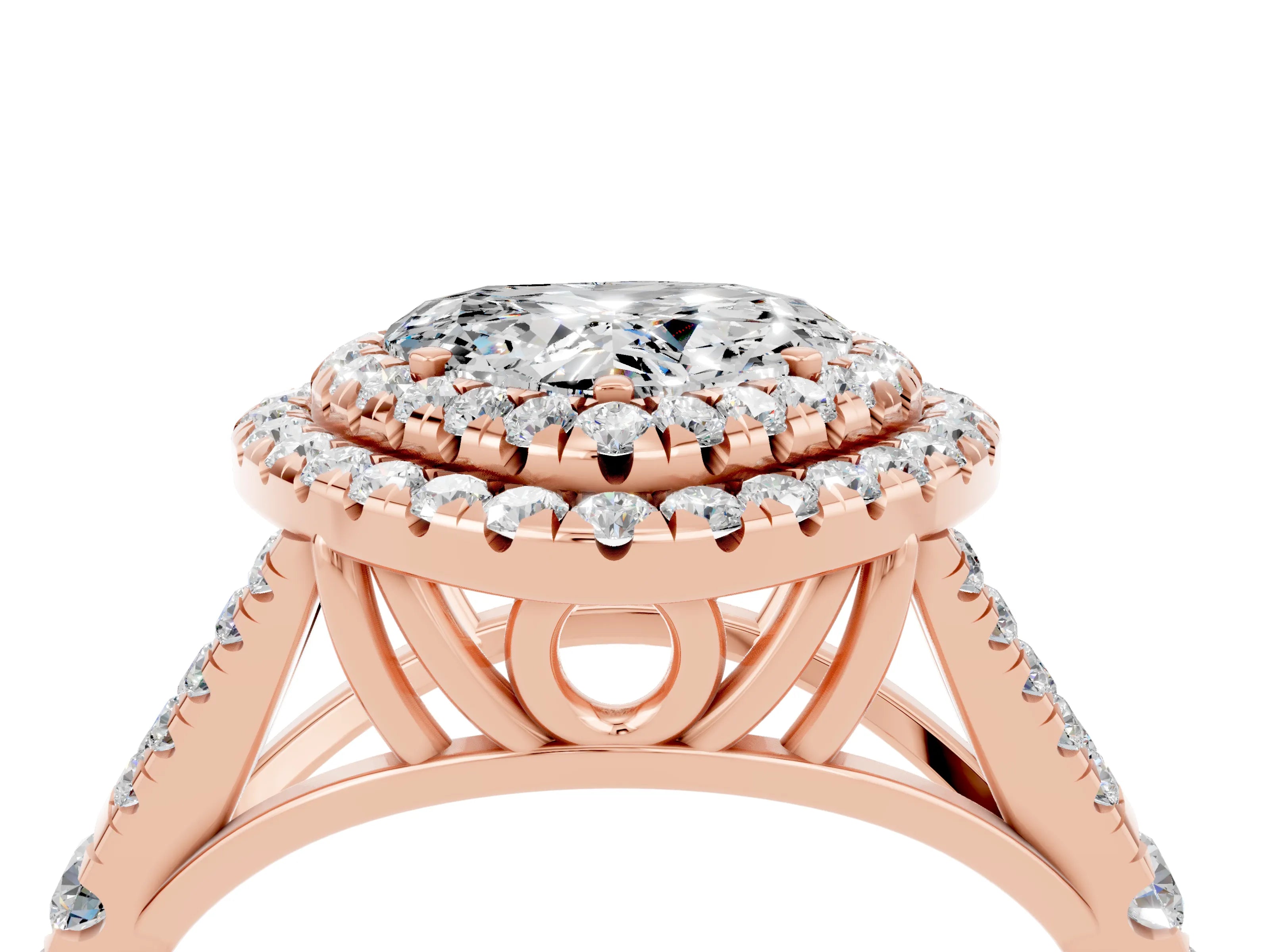 Rose gold Double Halo Heart Cut Moissanite Pavé Split Shank Ring with Prong Setting_4