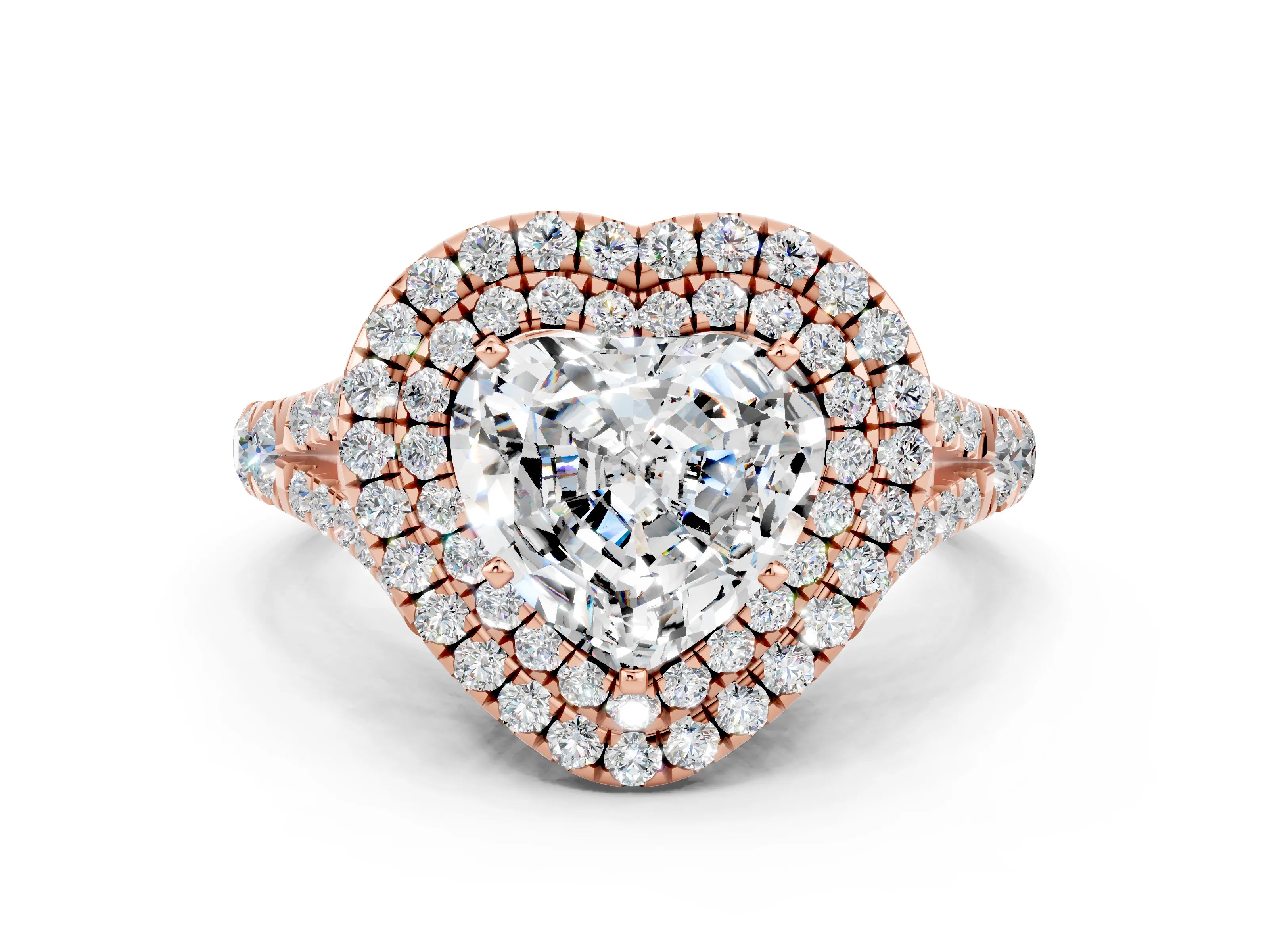 Rose gold Double Halo Heart Cut Moissanite Split Shank Engagement Ring with Four-Prong Setting