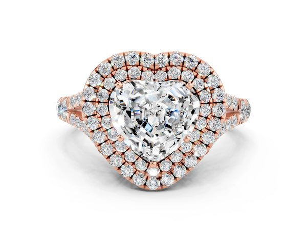 Rose gold Double Halo Heart Cut Moissanite Split Shank Engagement Ring with Four-Prong Setting