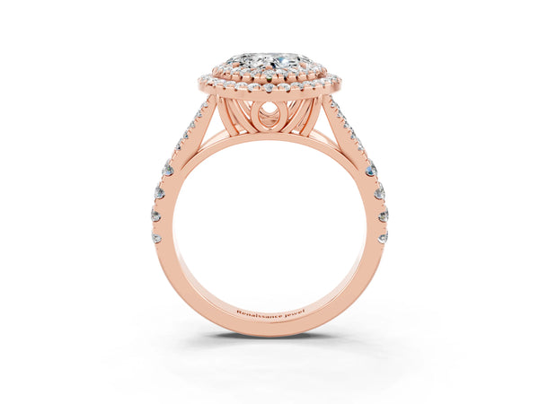 Rose gold Double Halo Heart Cut Moissanite Split Shank Engagement Ring with Four-Prong Setting