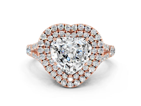 Rose gold Double Halo Heart Cut Moissanite Split Shank Engagement Ring with Four-Prong Setting