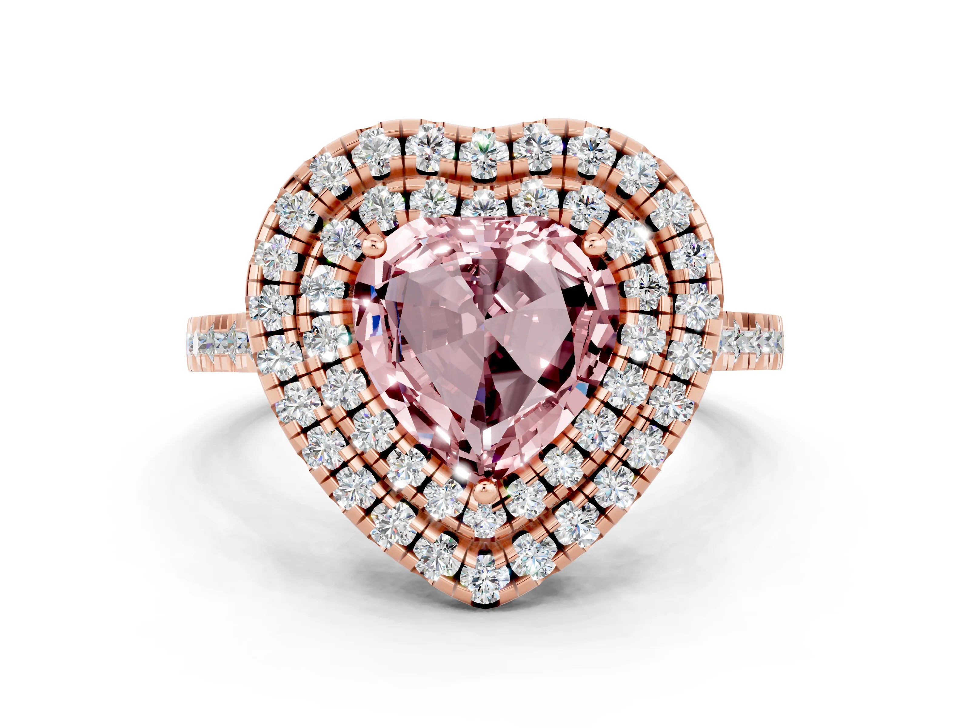 Rose gold Double Halo Heart Cut Morganite Pavé Band with Four-Prong Setting