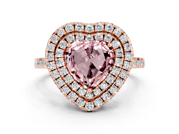 Rose gold Double Halo Heart Cut Morganite Pavé Band with Four-Prong Setting