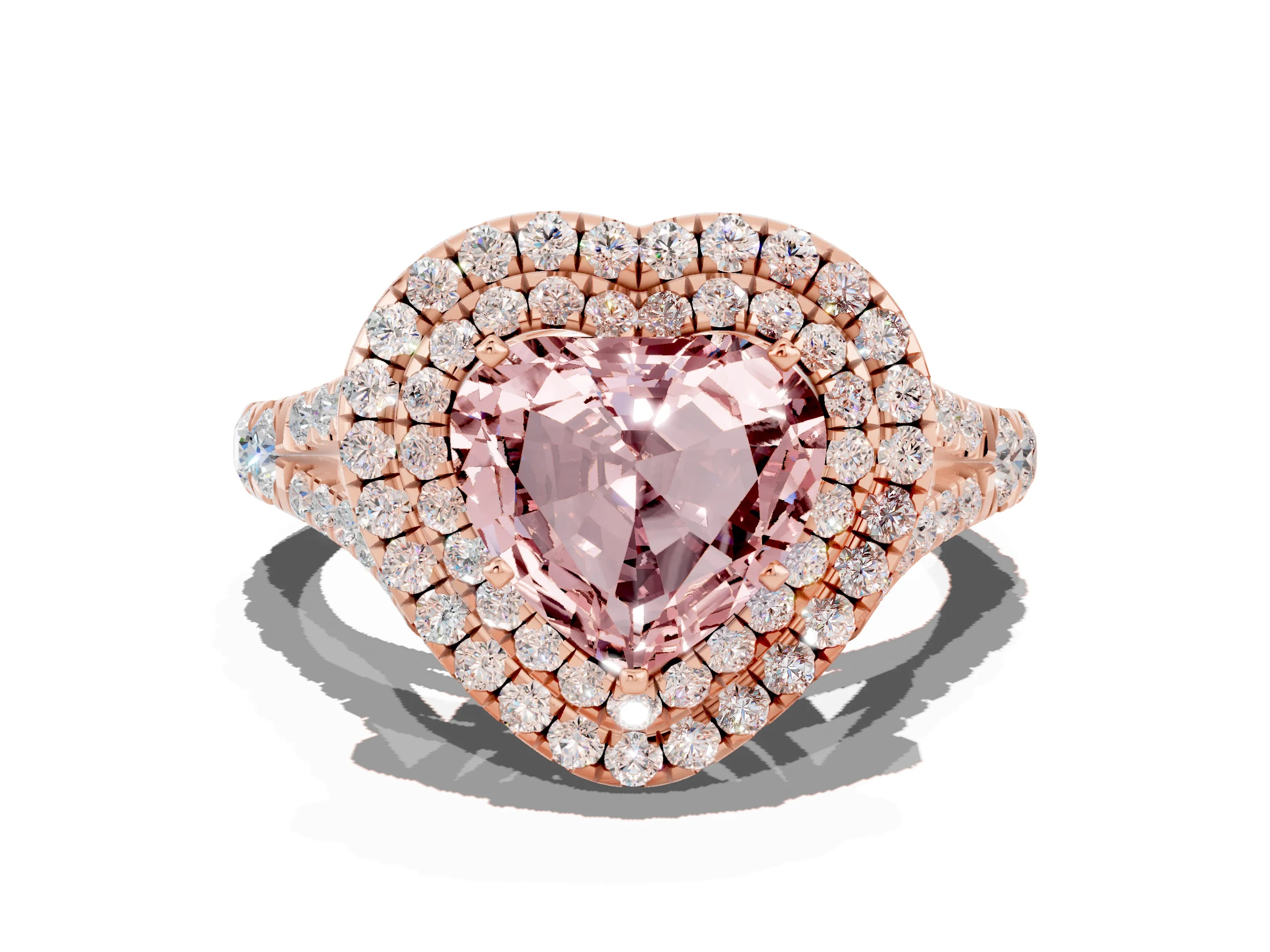 Rose gold Double Halo Heart Cut Morganite Pavé Split Shank Ring with Prong Setting