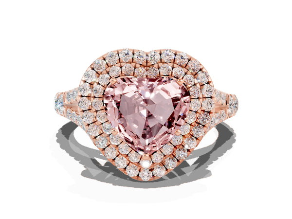 Rose gold Double Halo Heart Cut Morganite Pavé Split Shank Ring with Prong Setting