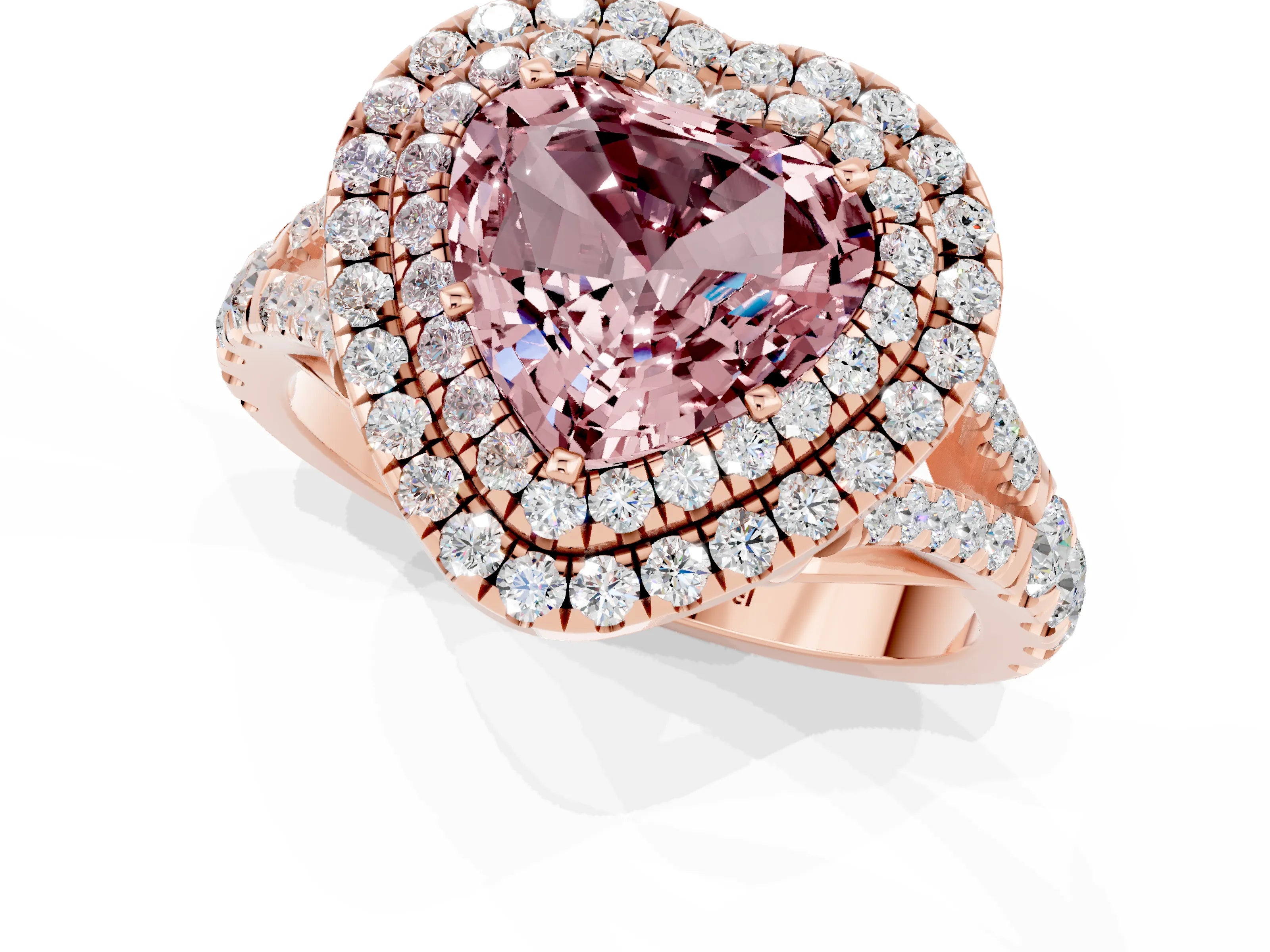 Rose gold Double Halo Heart Cut Morganite Pavé Split Shank Ring with Prong Setting_1