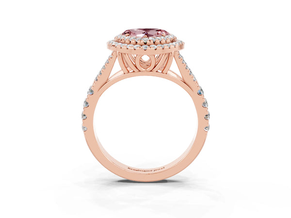 Rose gold Double Halo Heart Cut Morganite Pavé Split Shank Ring with Prong Setting