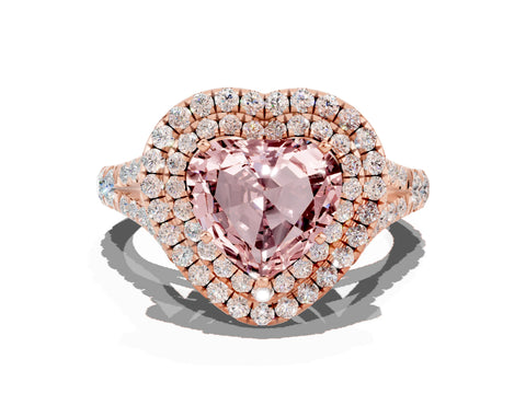 Rose gold Double Halo Heart Cut Morganite Pavé Split Shank Ring with Prong Setting