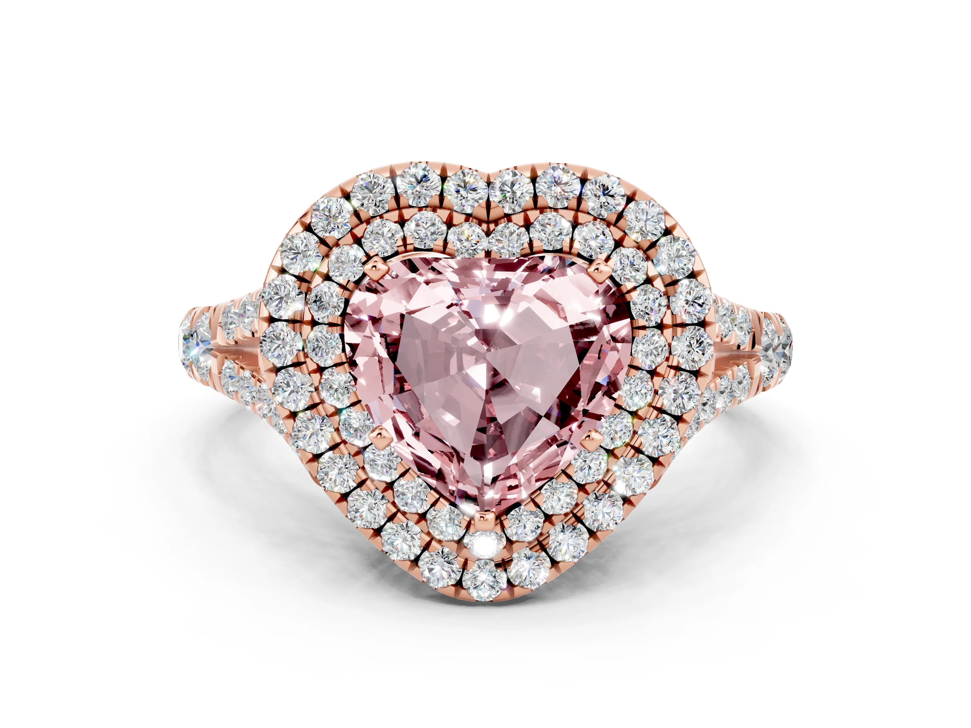 Rose gold Double Halo Heart Cut Morganite Split Shank Engagement Ring with Four-Prong Setting