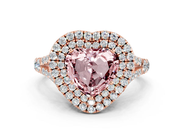 Rose gold Double Halo Heart Cut Morganite Split Shank Engagement Ring with Four-Prong Setting