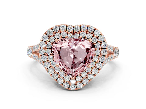 Rose gold Double Halo Heart Cut Morganite Split Shank Engagement Ring with Four-Prong Setting