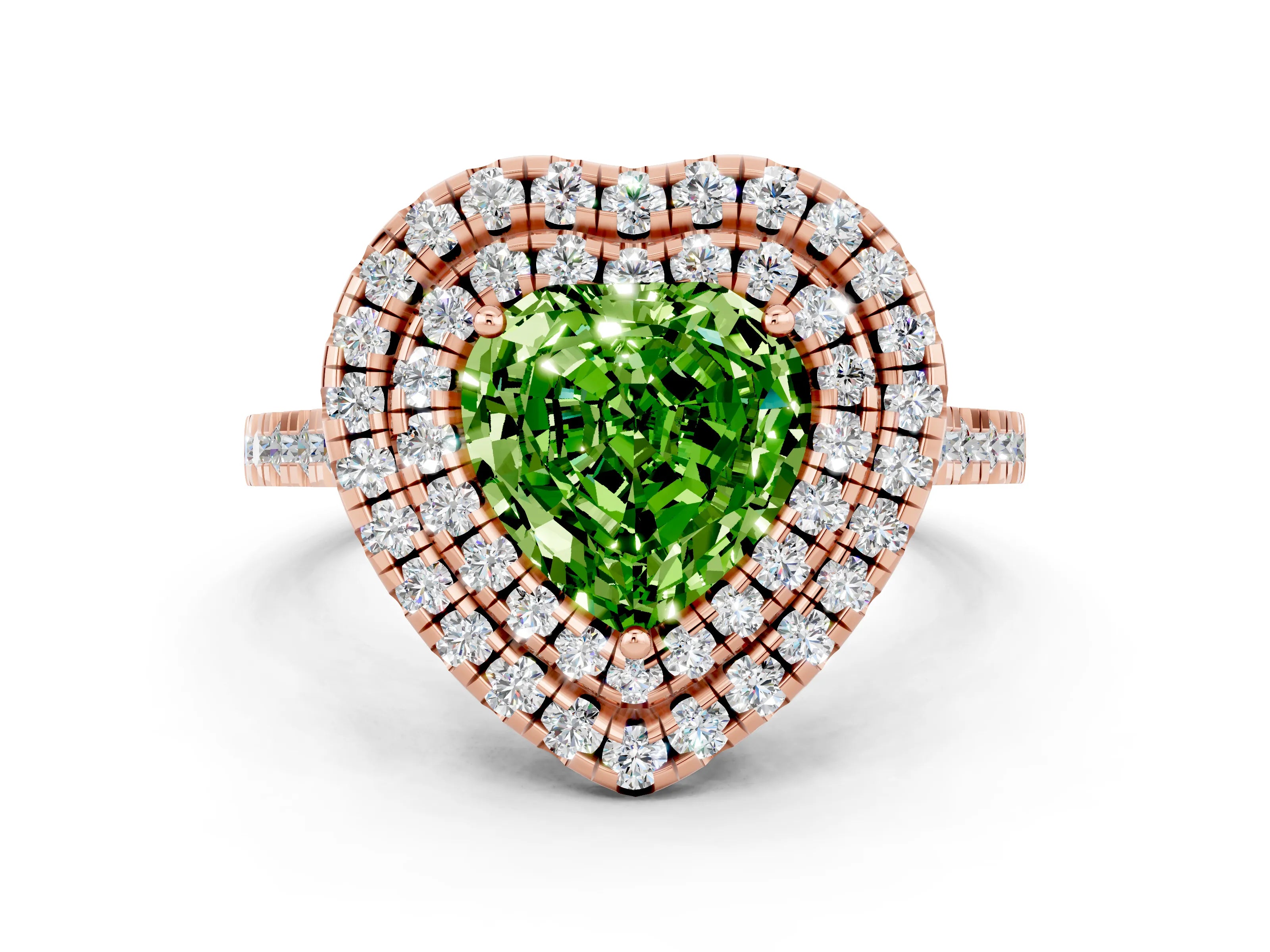 Rose gold Double Halo Heart Cut Peridot Pavé Band with Four-Prong Setting