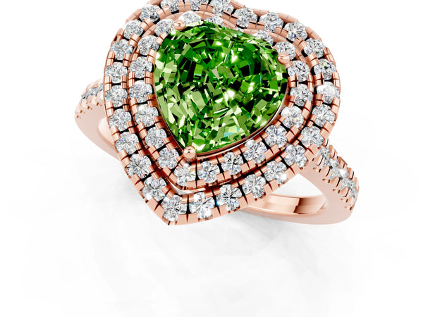 Rose gold Double Halo Heart Cut Peridot Pavé Band with Four-Prong Setting