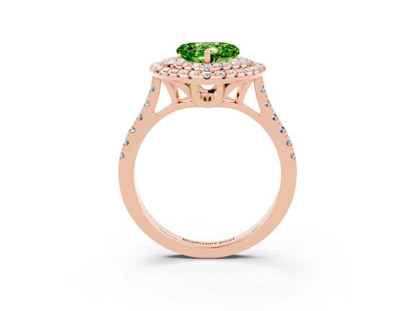 Rose gold Double Halo Heart Cut Peridot Pavé Band with Four-Prong Setting