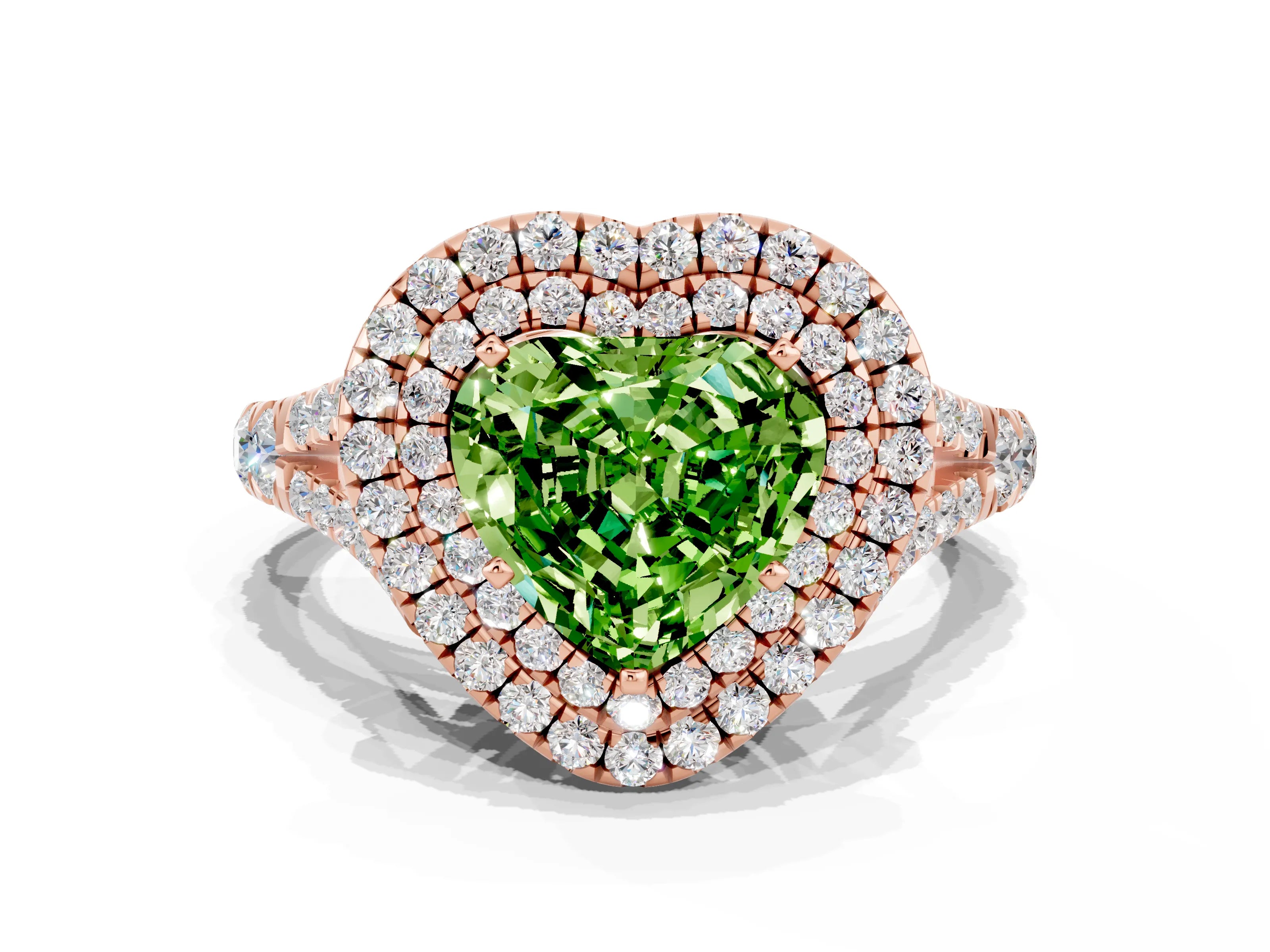 Rose gold Double Halo Heart Cut Peridot Pavé Split Shank Ring with Prong Setting