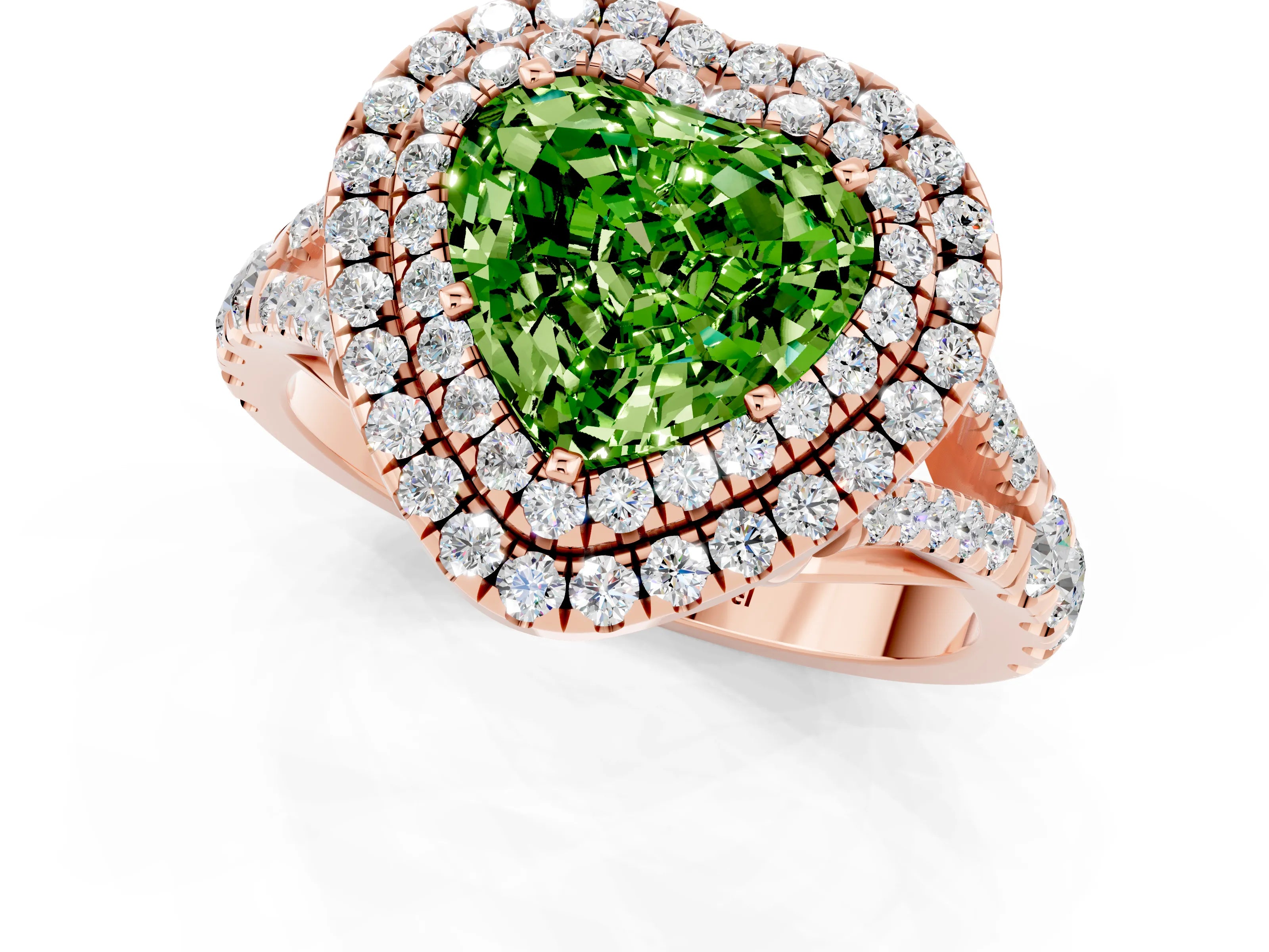 Rose gold Double Halo Heart Cut Peridot Pavé Split Shank Ring with Prong Setting_1