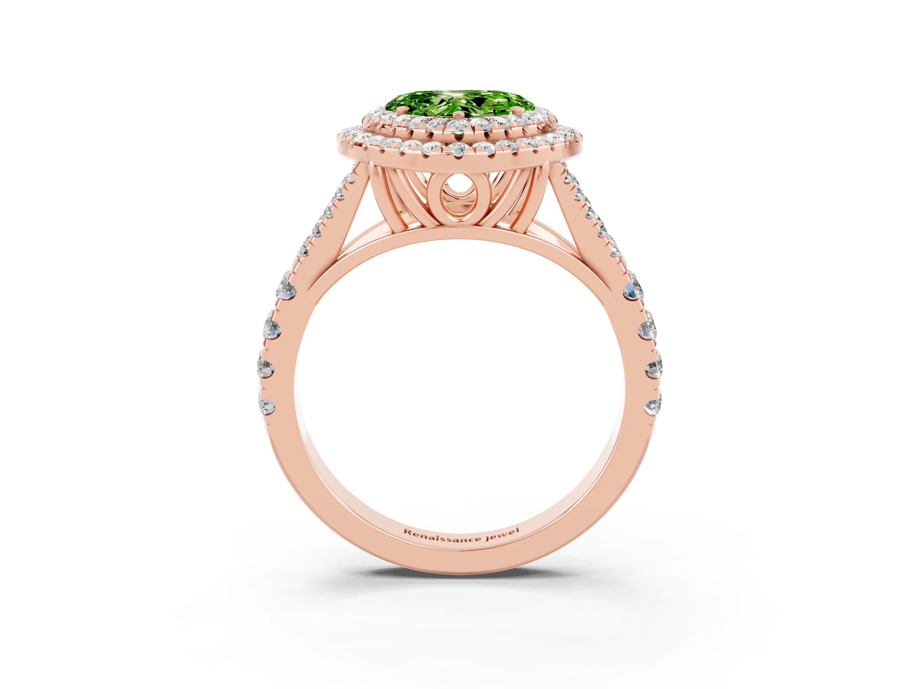 Rose gold Double Halo Heart Cut Peridot Pavé Split Shank Ring with Prong Setting_3