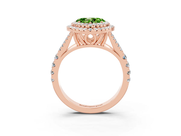 Rose gold Double Halo Heart Cut Peridot Pavé Split Shank Ring with Prong Setting