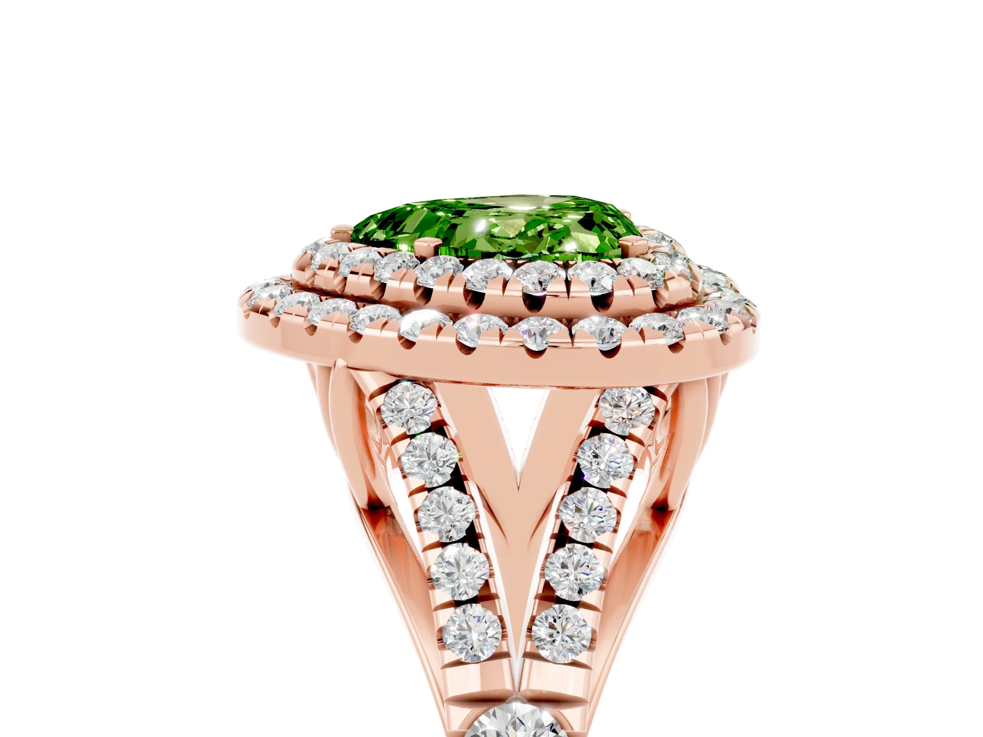 Rose gold Double Halo Heart Cut Peridot Pavé Split Shank Ring with Prong Setting_5