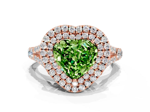 Rose gold Double Halo Heart Cut Peridot Pavé Split Shank Ring with Prong Setting