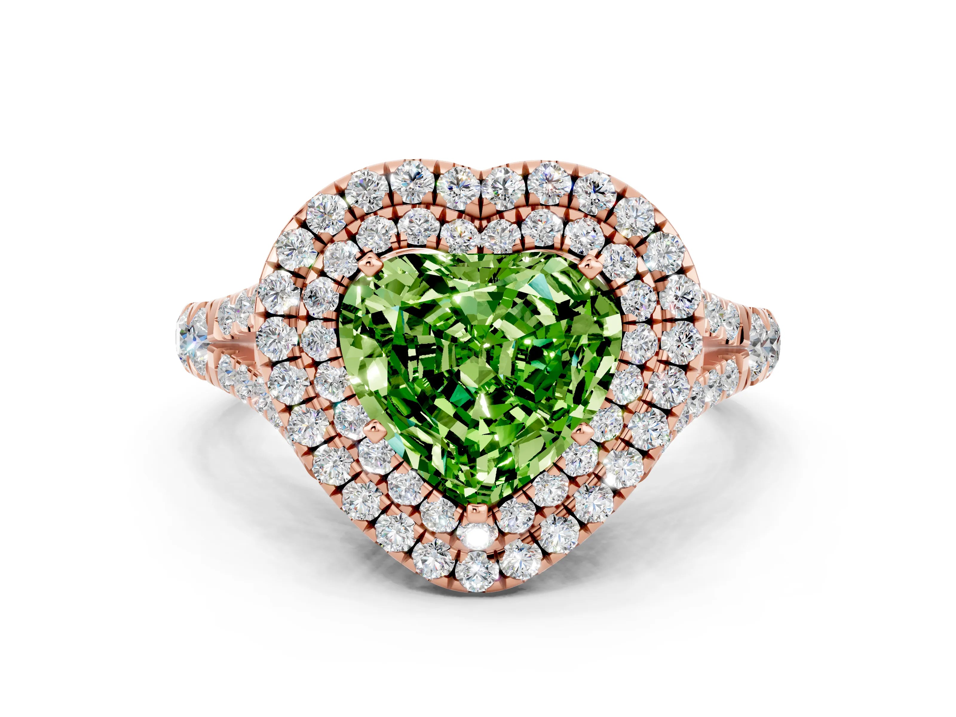 Rose gold Double Halo Heart Cut Peridot Split Shank Engagement Ring with Four-Prong Setting