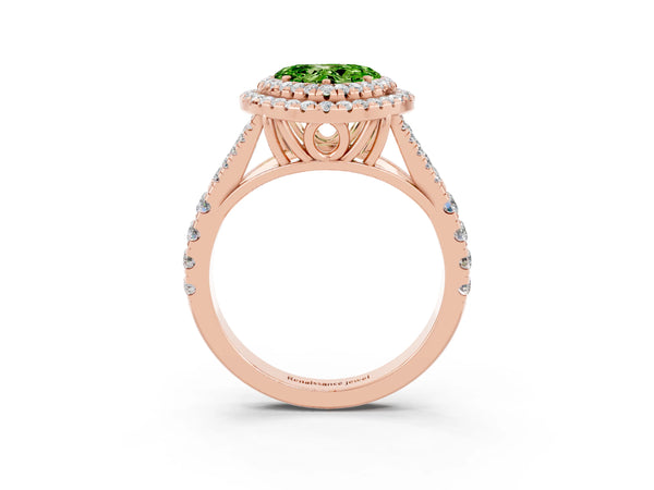 Rose gold Double Halo Heart Cut Peridot Split Shank Engagement Ring with Four-Prong Setting