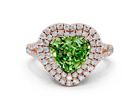 Rose gold Double Halo Heart Cut Peridot Split Shank Engagement Ring with Four-Prong Setting