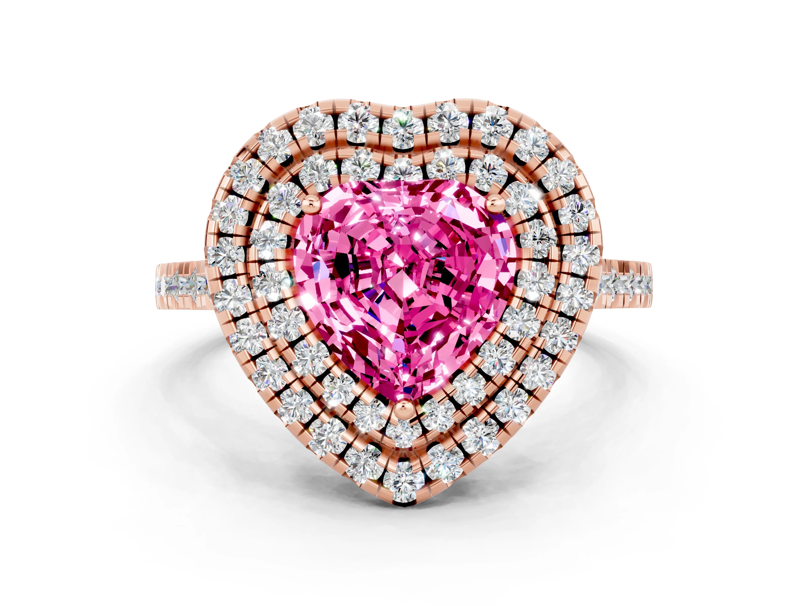 Rose gold Double Halo Heart Cut Pink Sapphire Pavé Band with Four-Prong Setting_24