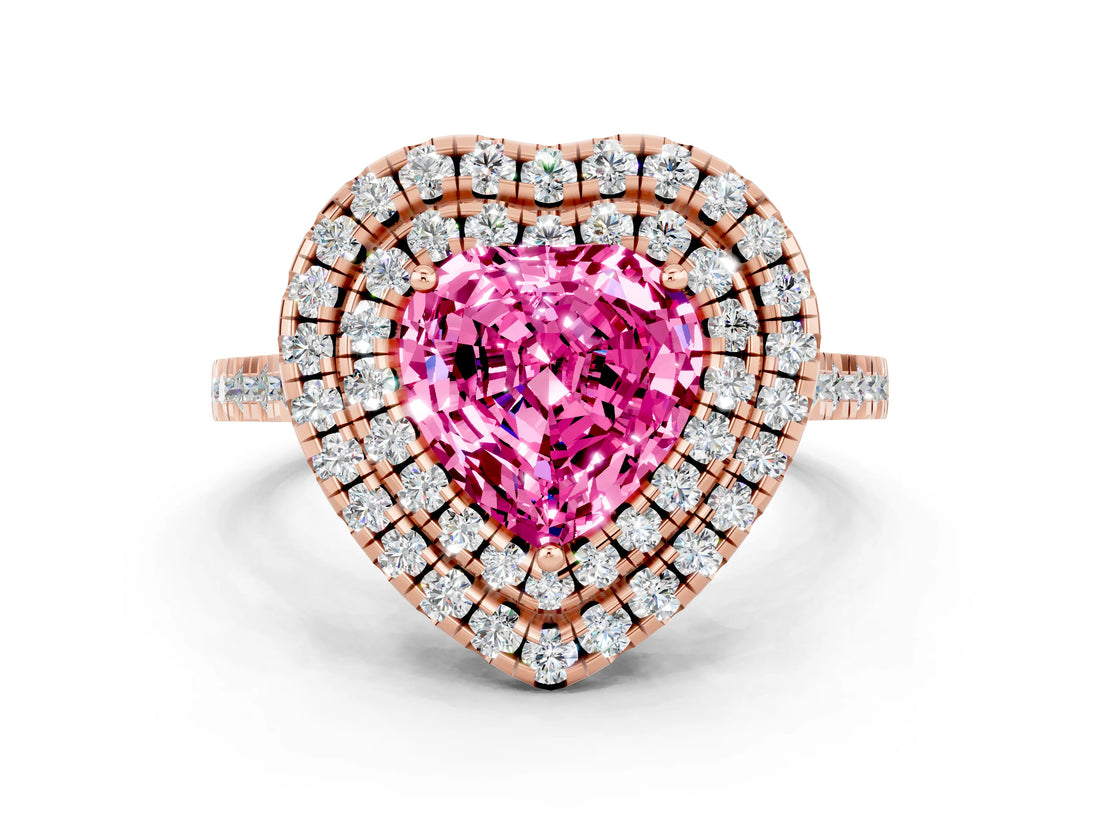 Rose gold Double Halo Heart Cut Pink Sapphire Pavé Band with Four-Prong Setting_24