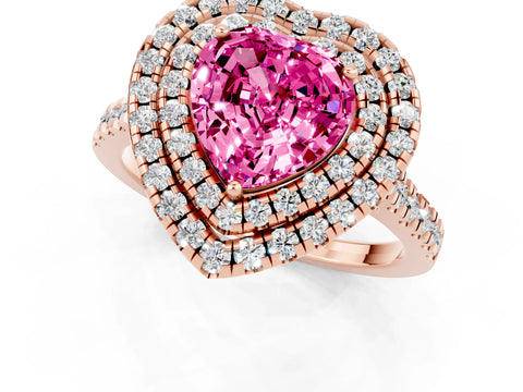 Rose gold Double Halo Heart Cut Pink Sapphire Pavé Band with Four-Prong Setting_25