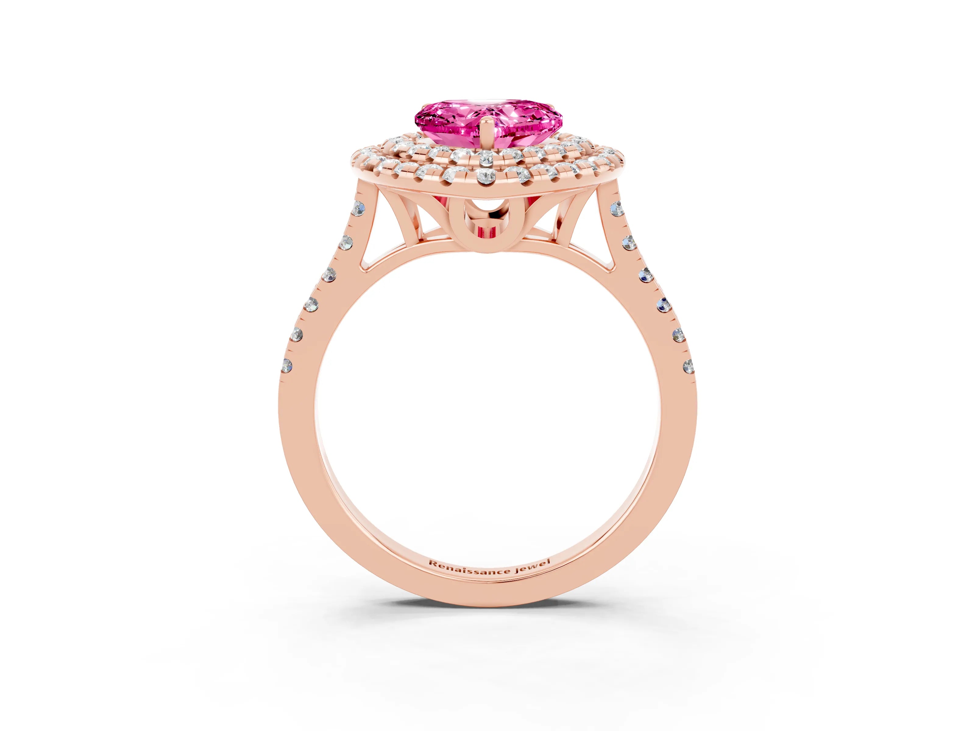 Rose gold Double Halo Heart Cut Pink Sapphire Pavé Band with Four-Prong Setting_27