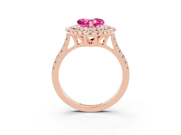 Rose gold Double Halo Heart Cut Pink Sapphire Pavé Band with Four-Prong Setting