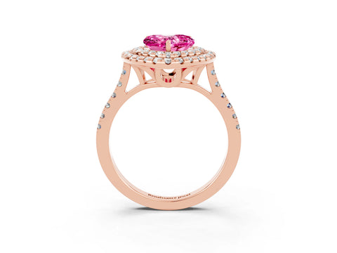 Rose gold Double Halo Heart Cut Pink Sapphire Pavé Band with Four-Prong Setting_27