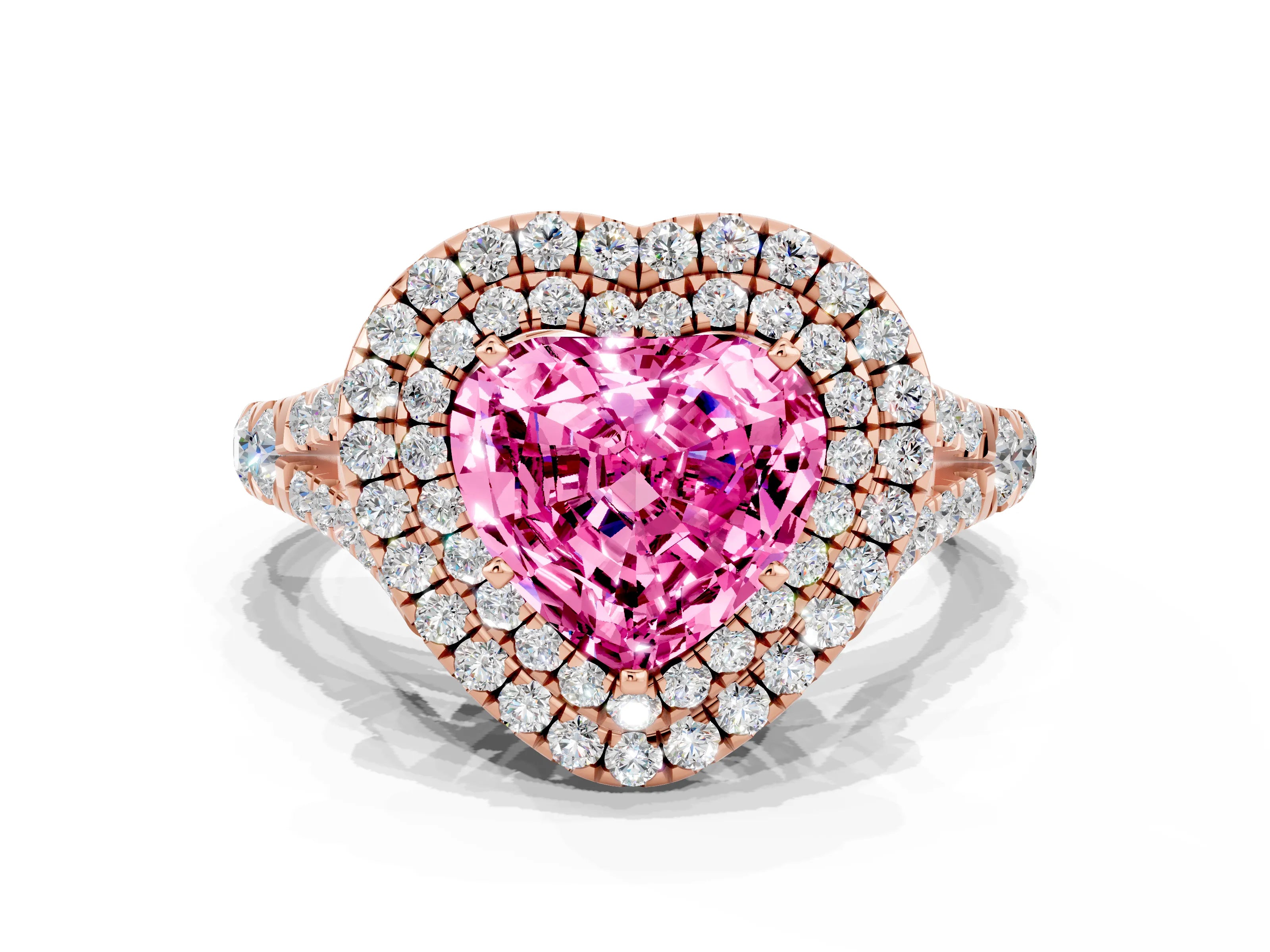 Rose gold Double Halo Heart Cut Pink Sapphire Pavé Split Shank Ring with Prong Setting