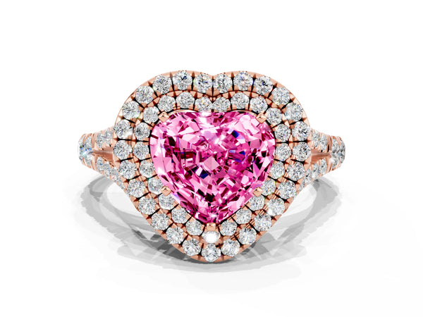 Rose gold Double Halo Heart Cut Pink Sapphire Pavé Split Shank Ring with Prong Setting