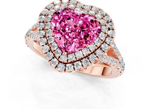 Rose gold Double Halo Heart Cut Pink Sapphire Pavé Split Shank Ring with Prong Setting_1