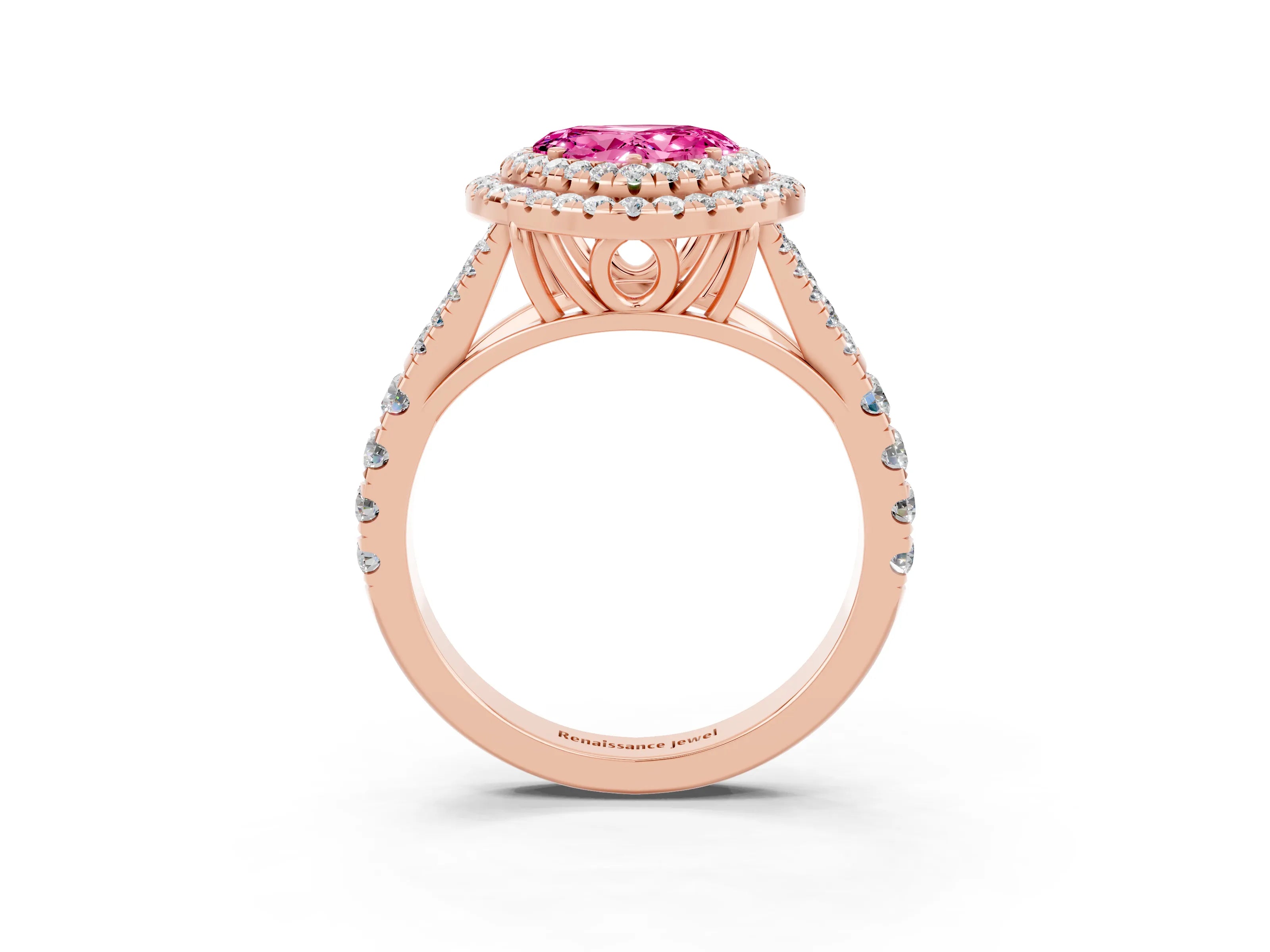 Rose gold Double Halo Heart Cut Pink Sapphire Pavé Split Shank Ring with Prong Setting_3