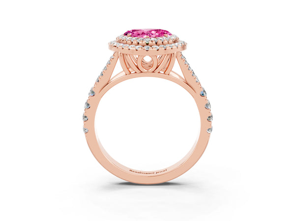 Rose gold Double Halo Heart Cut Pink Sapphire Pavé Split Shank Ring with Prong Setting
