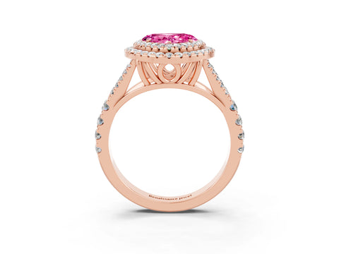 Rose gold Double Halo Heart Cut Pink Sapphire Pavé Split Shank Ring with Prong Setting_3