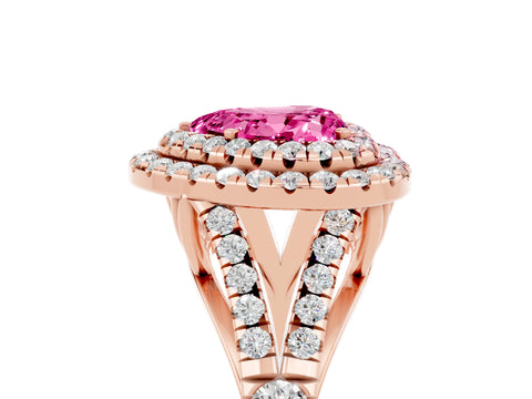 Rose gold Double Halo Heart Cut Pink Sapphire Pavé Split Shank Ring with Prong Setting_5