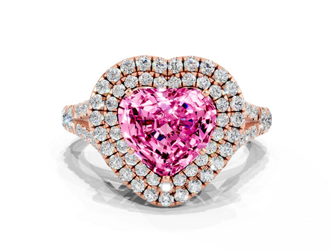 Rose gold Double Halo Heart Cut Pink Sapphire Pavé Split Shank Ring with Prong Setting