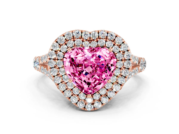 Rose gold Double Halo Heart Cut Pink Sapphire Split Shank Engagement Ring with Four-Prong Setting