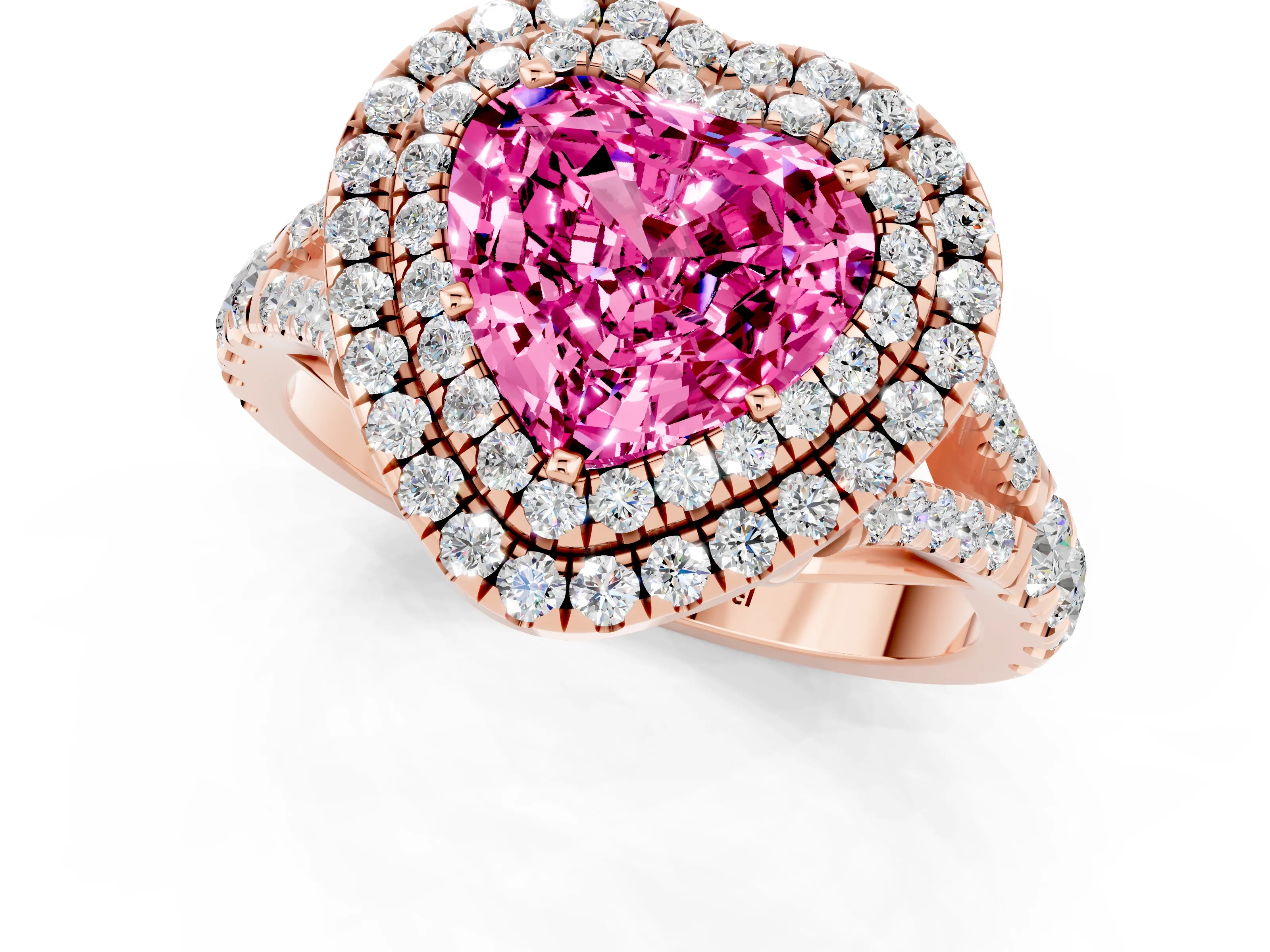 Rose gold Double Halo Heart Cut Pink Sapphire Split Shank Engagement Ring with Four-Prong Setting_1
